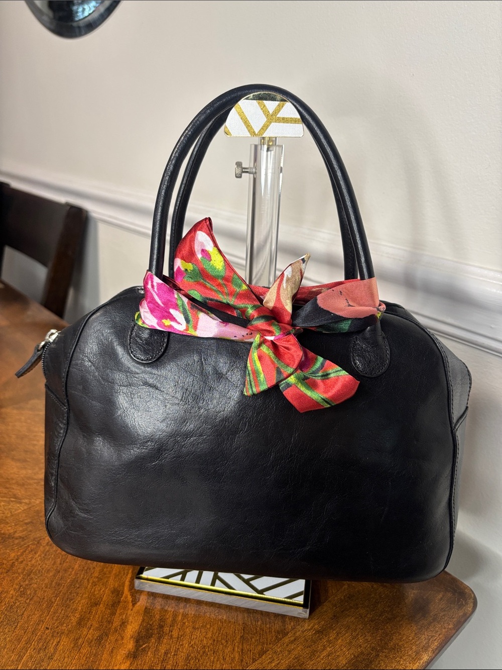 WILSON’S LEATHER Smooth Black Leather Double Top-Handle Satchel with Twilly- EUC - Picture 16 of 16